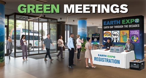 People are entering a hotel lobby to form a line in front of a table with a white tablecloth that reads "Earth Expo Registration".  Gift bags are on the table and behind is a large display that says "Earth Expo" with various earth day images from decades past on it.